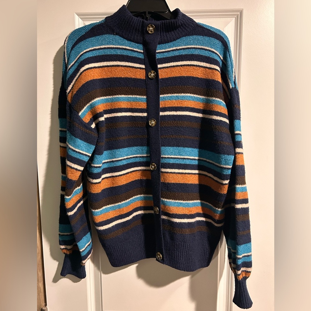 Like New Button Styled Navy, Blue and Orange Cardigan/Sweater.